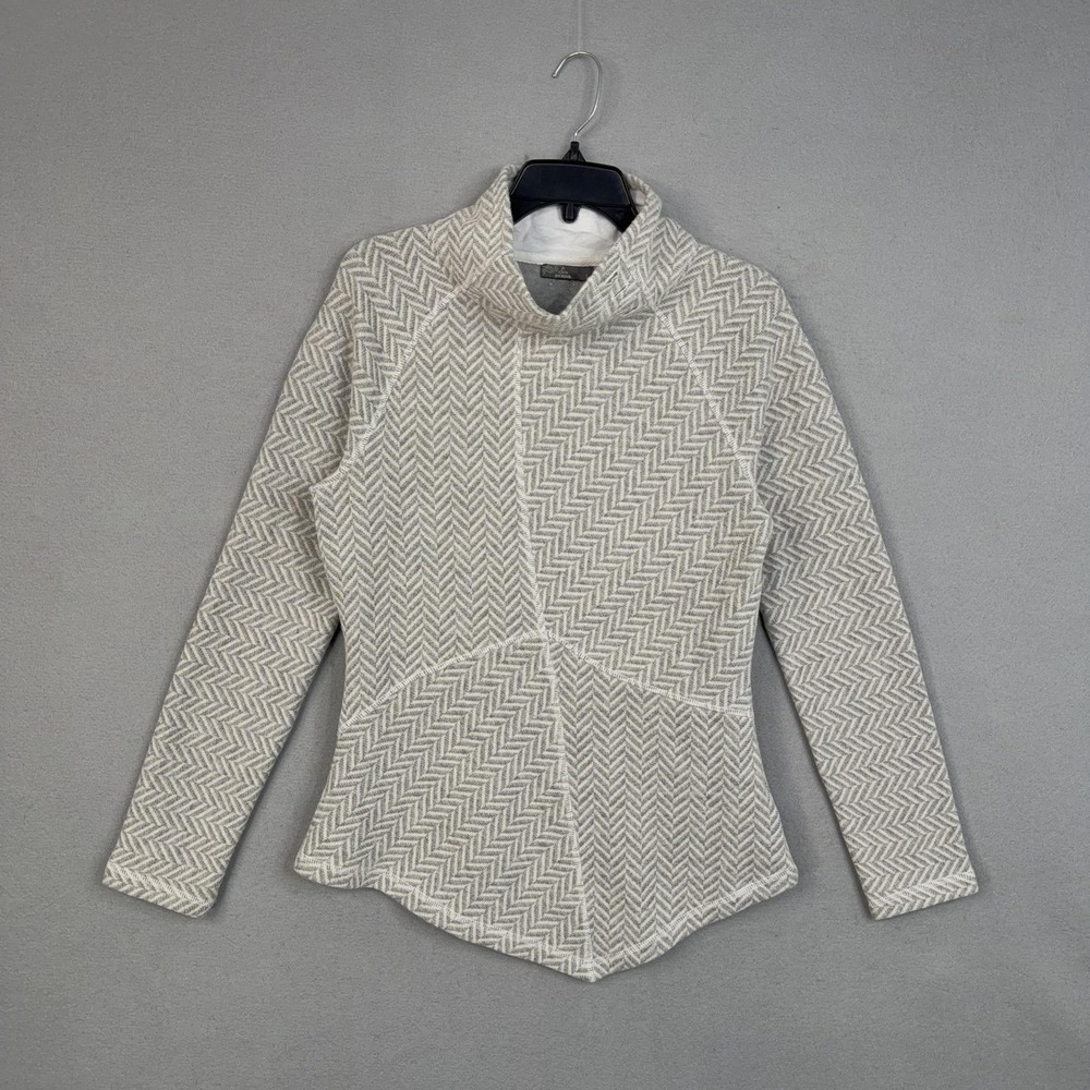 PrAna Sweater Womens Large Gray Herringbone Mock Neck Lined Cozy Knit Pullover